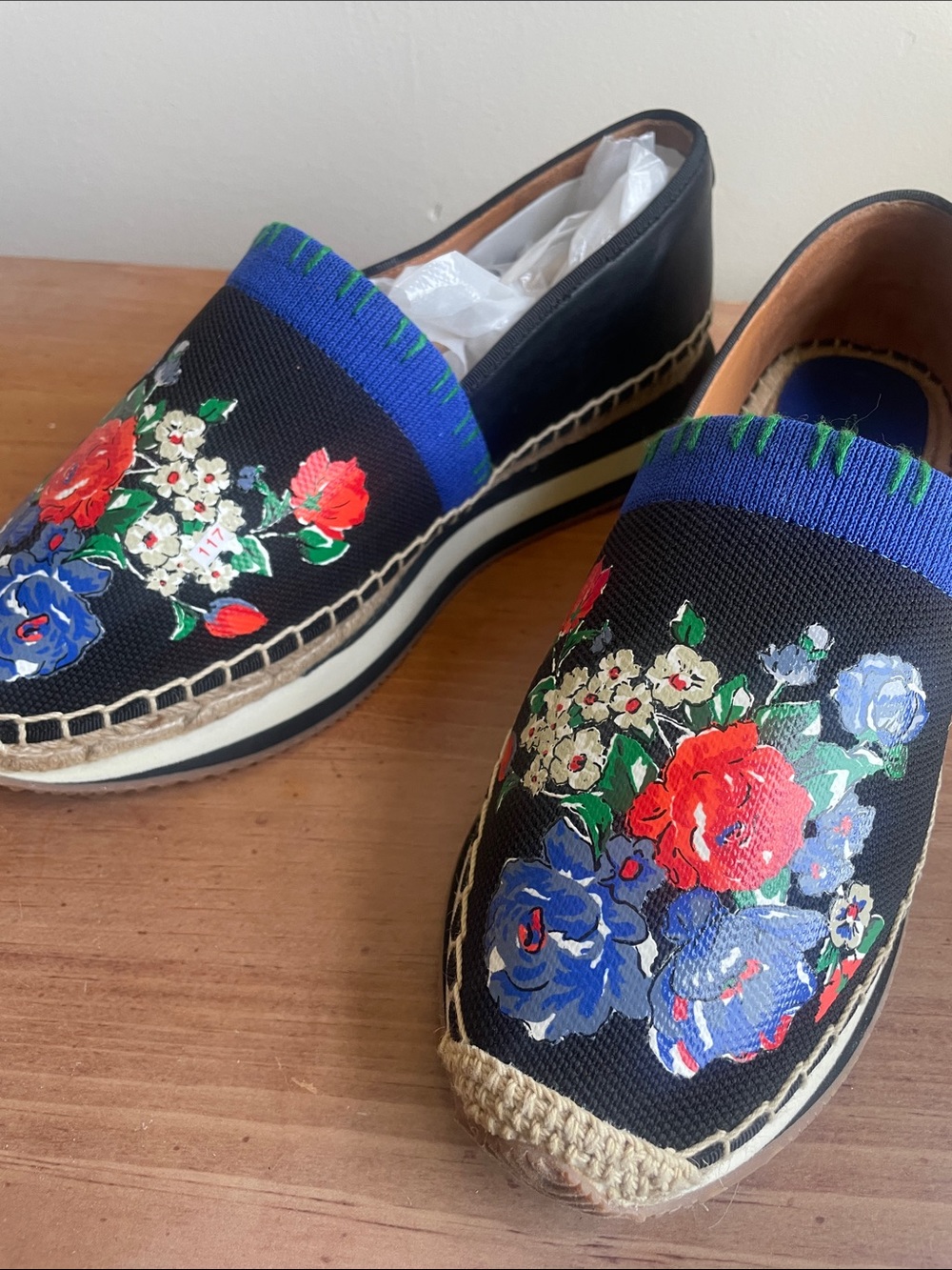 Tory Burch Black Floral Espadrille Slip-Ons with Blue Trim